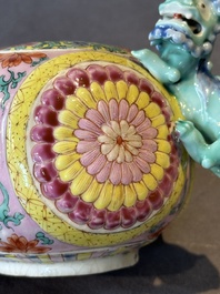 A Chinese famille rose 'Buddhist lion' teapot and cover, Yongzheng
