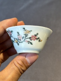 Five Chinese famille rose cups and saucers with horses, birds and flowers, Yongzheng/Qianlong