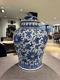 A large Chinese blue and white 'lotus scroll' vase and cover, Kangxi