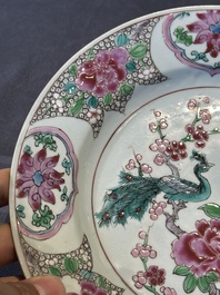 Six Chinese famille rose 'peacock and flowers' plates, Yongzheng