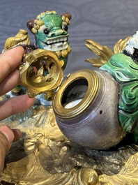 A French ormolu inkwell inset with Chinese verte biscuit porcelain, 19th C. and Kangxi