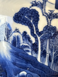 A fine Chinese blue and white 'landscape and antiquities' bowl with silver handles, Kangxi