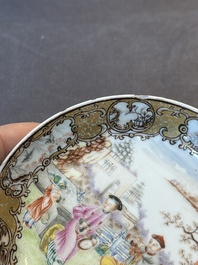 A Chinese Canton famille rose 'mandarin subject' covered teapot and a pair of saucers, Qianlong