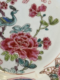 Six Chinese famille rose 'peacock and flowers' plates, Yongzheng