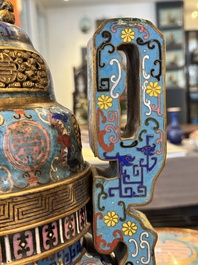 A pair of Chinese cloisonn&eacute; censers with covers and stands, 19/20th C.