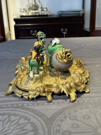 A French ormolu inkwell inset with Chinese verte biscuit porcelain, 19th C. and Kangxi