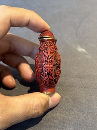 A Chinese carved turquoise snuff bottle and two red lacquer snuff bottles, Qianlong mark, 19/20th C.