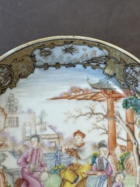 A Chinese Canton famille rose 'mandarin subject' covered teapot and a pair of saucers, Qianlong