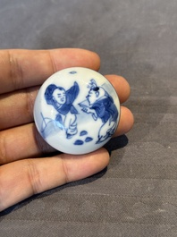A Chinese blue and white tea caddy and cover with ladies playing music, Kangxi