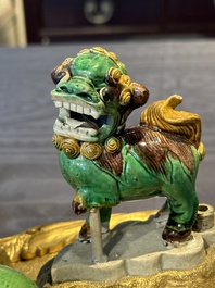 A French ormolu inkwell inset with Chinese verte biscuit porcelain, 19th C. and Kangxi