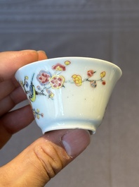 Five Chinese famille rose cups and saucers with horses, birds and flowers, Yongzheng/Qianlong