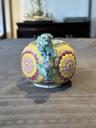 A Chinese famille rose 'Buddhist lion' teapot and cover, Yongzheng