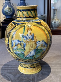 A large Italian maiolica drug jar with trophies, Casteldurante, 2nd half 16th C.