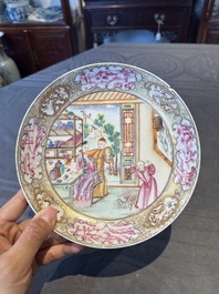 Two Chinese Canton famille rose 'mandarin subject' plates and a saucer, Qianlong