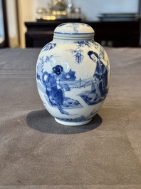A Chinese blue and white tea caddy and cover with ladies playing music, Kangxi