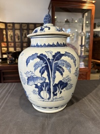 A Chinese blue and white 'Jia Guan Jin Jue 加官晉爵' vase and cover, Transitional period