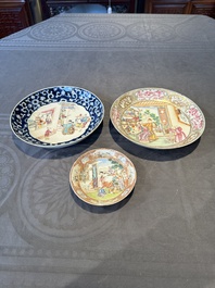 Two Chinese Canton famille rose 'mandarin subject' plates and a saucer, Qianlong