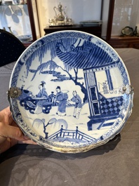 A Chinese blue and white 'Xi Xiang Ji' plate with silver mount, Yongzheng