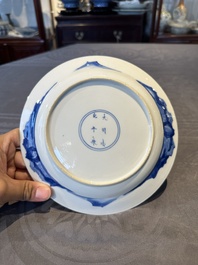 Three Chinese blue and white plates with figural design, Chenghua and Kangxi mark, Kangxi