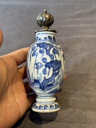 A Chinese blue and white 'hunting scene' 'klapmuts' bowl and a vase with a silver cover, Kangxi