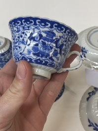 Five Chinese blue and white cups and four saucers with boys carrying a vase, Kangxi mark, Guangxu