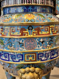 A pair of Chinese cloisonn&eacute; censers with covers and stands, 19/20th C.