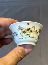 Five Chinese famille rose cups and saucers with horses, birds and flowers, Yongzheng/Qianlong