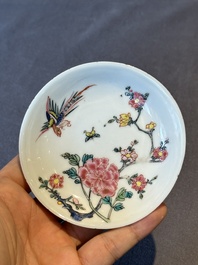 Five Chinese famille rose cups and saucers with horses, birds and flowers, Yongzheng/Qianlong