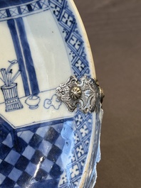 A Chinese blue and white 'Xi Xiang Ji' plate with silver mount, Yongzheng