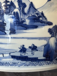 A fine Chinese blue and white 'landscape and antiquities' bowl with silver handles, Kangxi