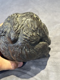 A Japanese bronze okimono with three monkeys, Yoshinobu seal mark, Meiji period