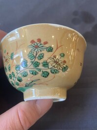 Two pairs of Chinese famille verte cups and saucers, Kangxi
