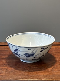 A Chinese blue and white 'mandarin ducks in a lotus pond' bowl, Chenghua mark, Wanli