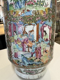 A pair of Chinese Canton famille rose vases with figures, flowers and insects, 19th C.