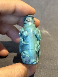 A Chinese carved turquoise snuff bottle and two red lacquer snuff bottles, Qianlong mark, 19/20th C.