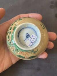 Two pairs of Chinese famille verte cups and saucers, Kangxi