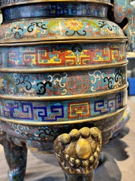 A pair of Chinese cloisonn&eacute; censers with covers and stands, 19/20th C.