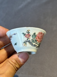 Five Chinese famille rose cups and saucers with horses, birds and flowers, Yongzheng/Qianlong