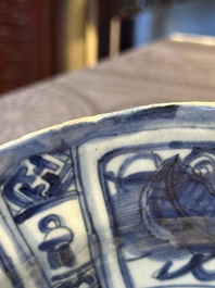 A Chinese blue and white kraak porcelain dish with geese near the water, Wanli