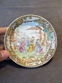 A Chinese Canton famille rose 'mandarin subject' covered teapot and a pair of saucers, Qianlong