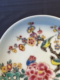 Five Chinese famille rose cups and saucers with horses, birds and flowers, Yongzheng/Qianlong