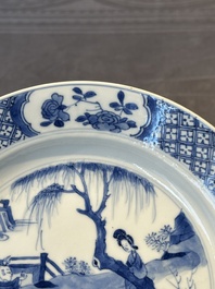 Three Chinese blue and white plates with figural design, Chenghua and Kangxi mark, Kangxi