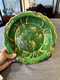 A Chinese sancai-glazed flower-shaped 'crane' plate, Ming