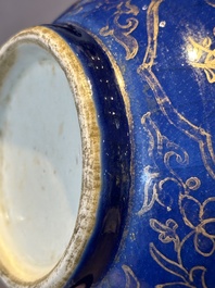 A Chinese gilt-decorated powder-blue kendi with floral design, Kangxi