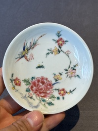 Five Chinese famille rose cups and saucers with horses, birds and flowers, Yongzheng/Qianlong