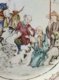A Chinese rose-grisaille plate with Luohan, a dragon and a tiger, Yongzheng/Qianlong