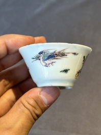 Five Chinese famille rose cups and saucers with horses, birds and flowers, Yongzheng/Qianlong