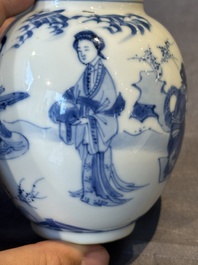 A Chinese blue and white tea caddy and cover with ladies playing music, Kangxi