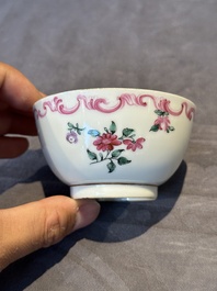 Three Chinese export famille rose 'European subject' cups and two saucers, Qianlong