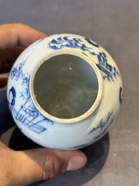 A Chinese blue and white tea caddy and cover with ladies playing music, Kangxi
